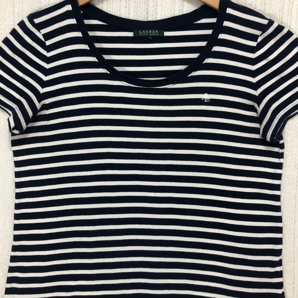 Lauren Ralph Lauren Navy Blue White Striped Scoop Neck T-Shirt Logo Short Sleeve